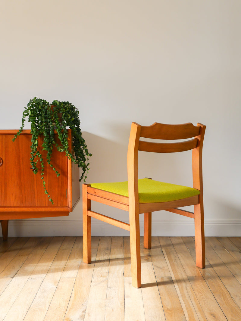 Ensemble De 4 Chaises En Pin Et Laine Bouillie - Vert - Entièrement Retapissées - Design Scandinave - 1960