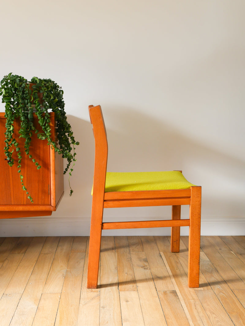 Ensemble De 4 Chaises En Pin Et Laine Bouillie - Vert - Entièrement Retapissées - Design Scandinave - 1960