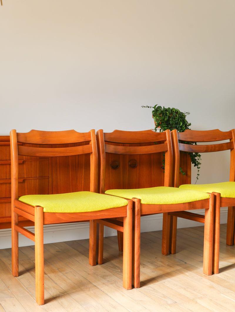 Ensemble De 4 Chaises En Pin Et Laine Bouillie - Vert - Entièrement Retapissées - Design Scandinave - 1960