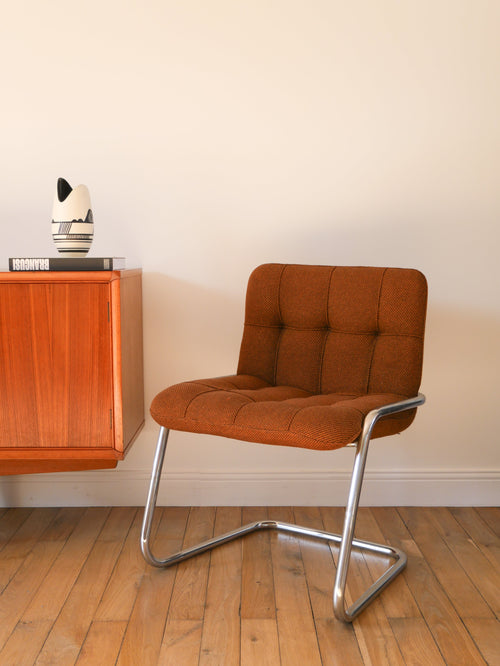 Fauteuil Storm - Yves Christin Pour Airbone - Tubulaire En Chrome Et Tissus - Marron Glacé - Design Space Age - 1970