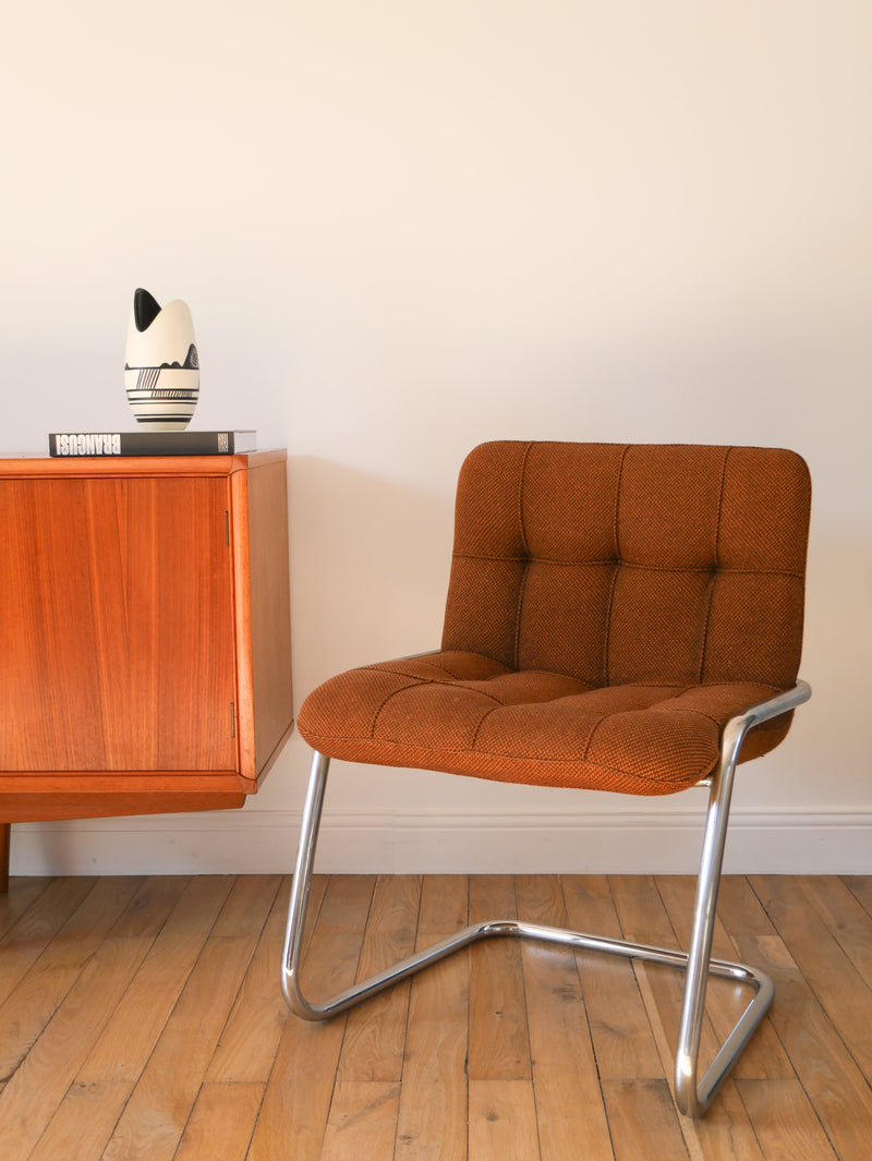 Fauteuil Storm - Yves Christin Pour Airbone - Tubulaire En Chrome Et Tissus - Marron Glacé - Design Space Age - 1970