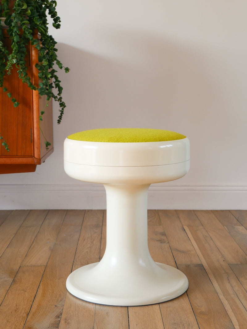 Tabouret En Plastique À Pieds Tulipe Et Tissus En Laine Bouillie Vert - Entièrement Retapissé - 1970