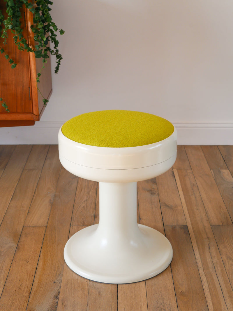 Tabouret En Plastique À Pieds Tulipe Et Tissus En Laine Bouillie Vert - Entièrement Retapissé - 1970