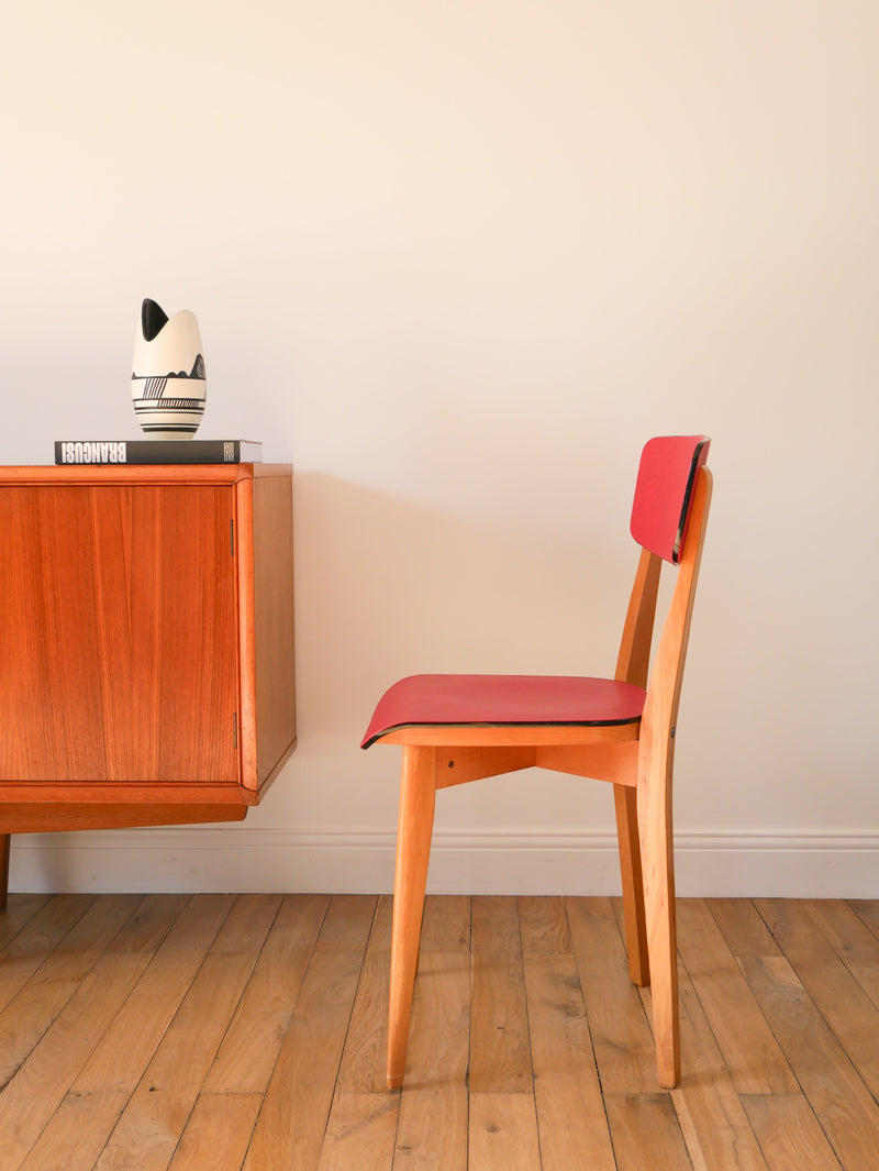 Chaise En Bois De Hêtre Et Assise Rouge - 1960