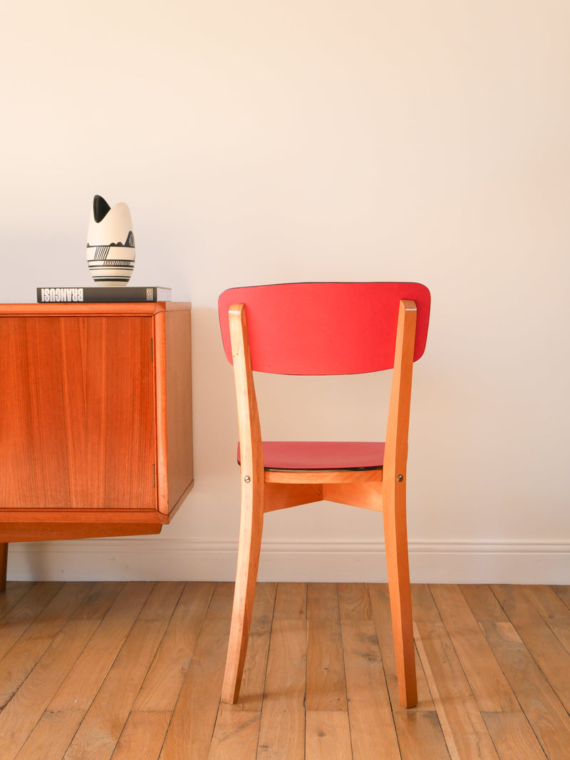 Chaise En Bois De Hêtre Et Assise Rouge - 1960