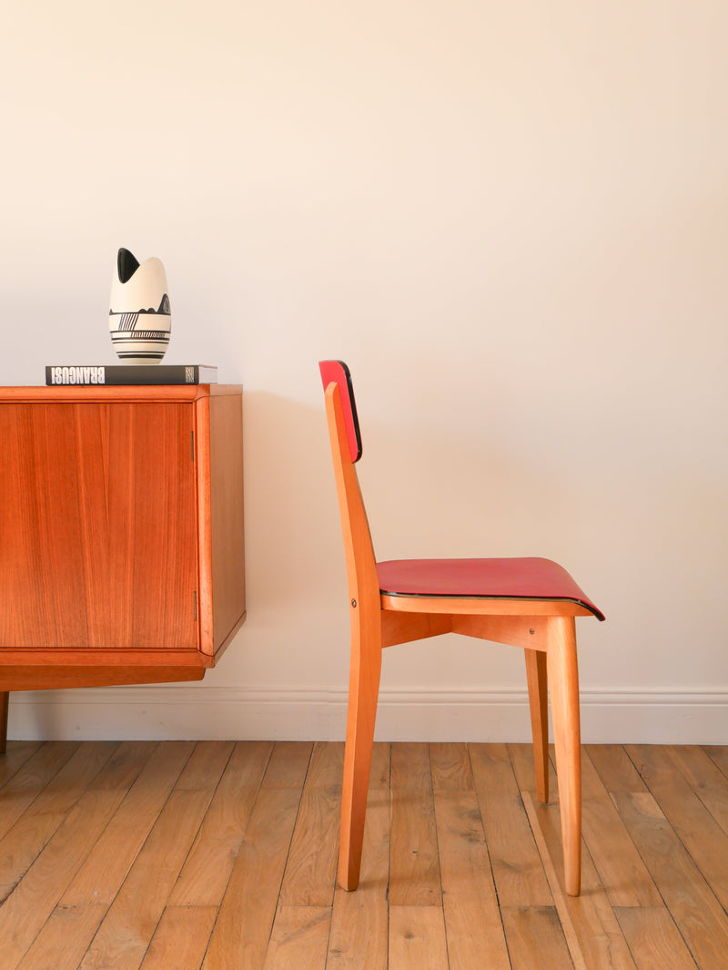 Chaise En Bois De Hêtre Et Assise Rouge - 1960