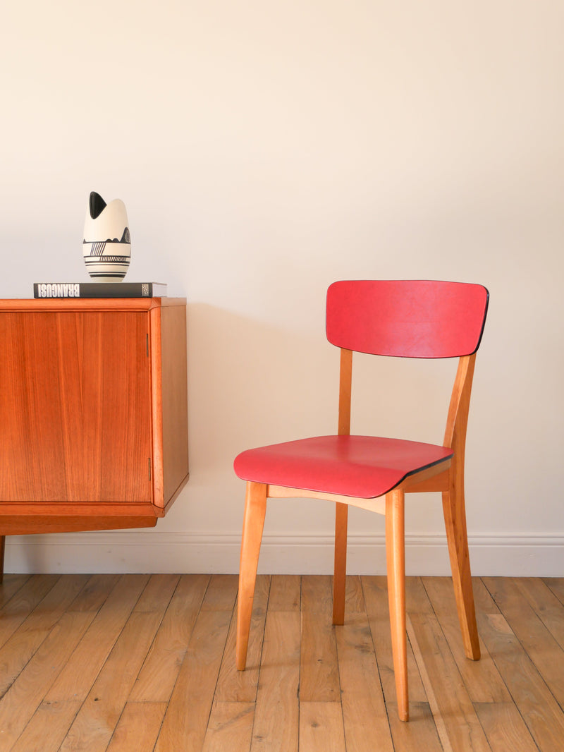 Chaise En Bois De Hêtre Et Assise Rouge - 1960