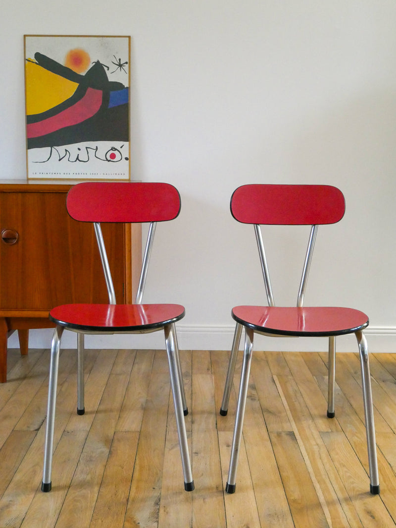 Paire De Chaises En Formica Et Chrome - Rouges À Motifs - 1970