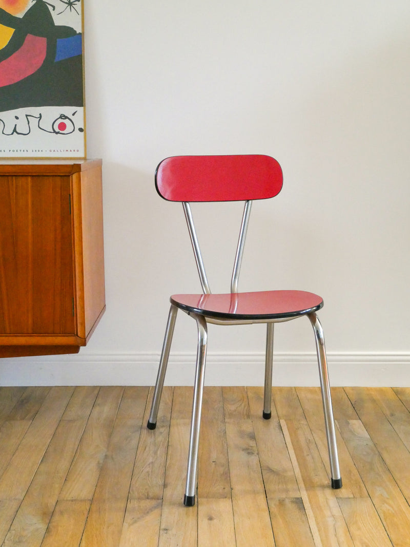 Ensemble De 4 Chaises En Formica Et Chrome - Rouges À Motifs - 1970