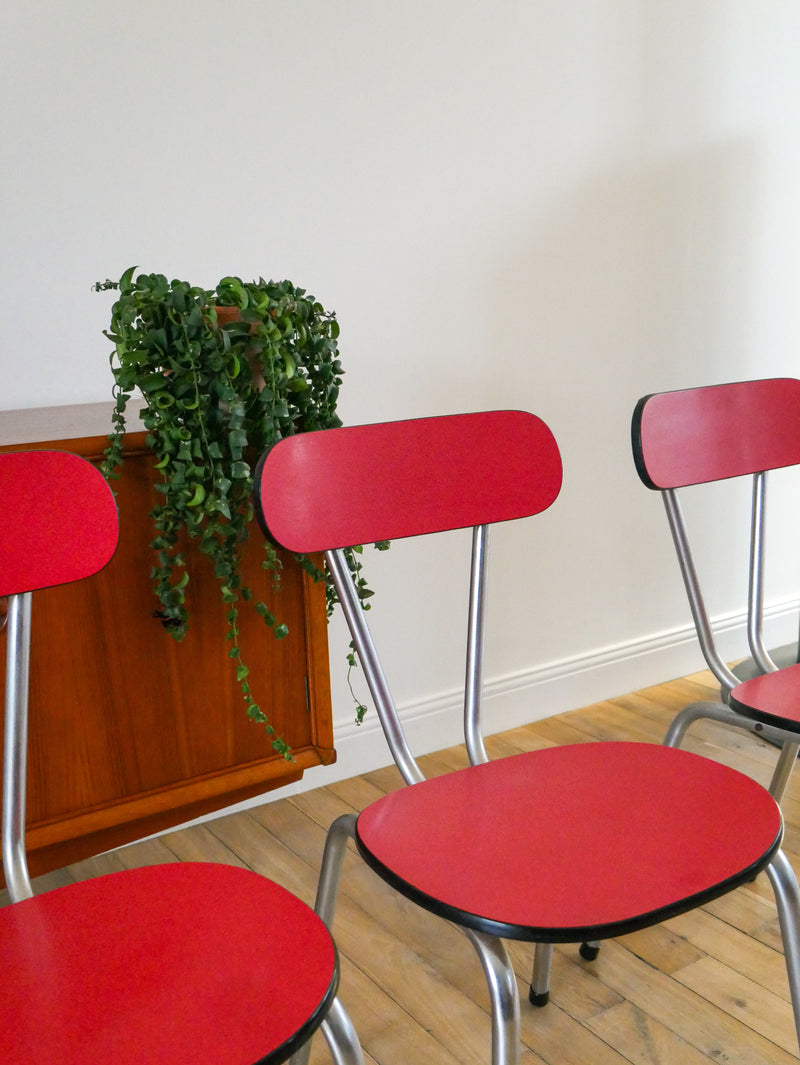 Ensemble De 4 Chaises En Formica Et Chrome - Rouges À Motifs - 1970