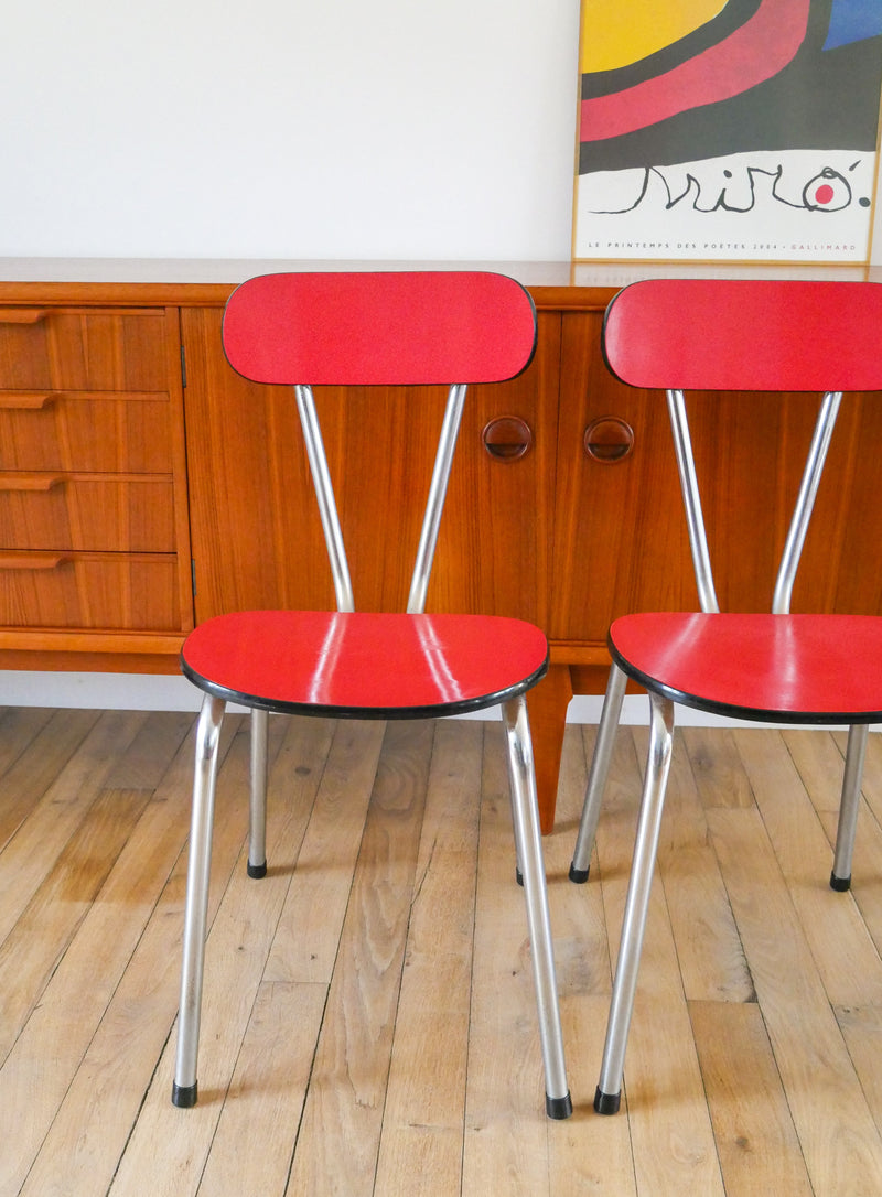 Ensemble De 4 Chaises En Formica Et Chrome - Rouges À Motifs - 1970