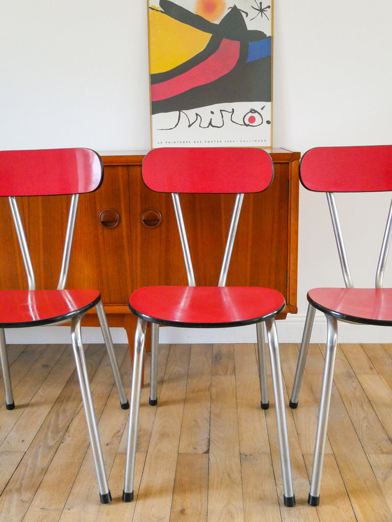 Ensemble De 4 Chaises En Formica Et Chrome - Rouges À Motifs - 1970