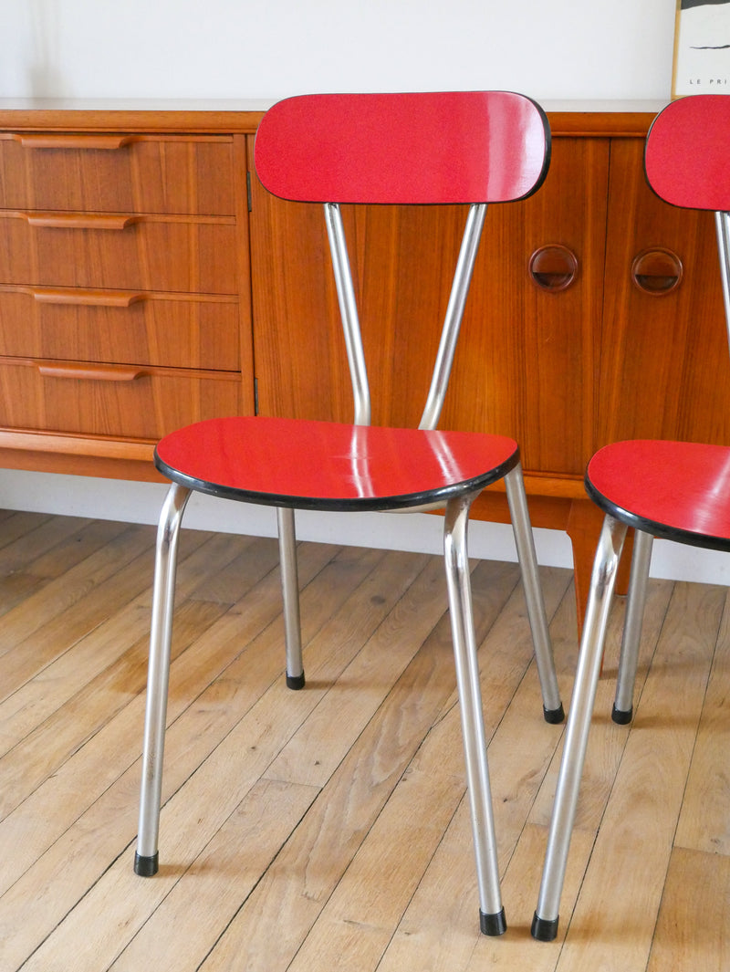 Ensemble De 4 Chaises En Formica Et Chrome - Rouges À Motifs - 1970