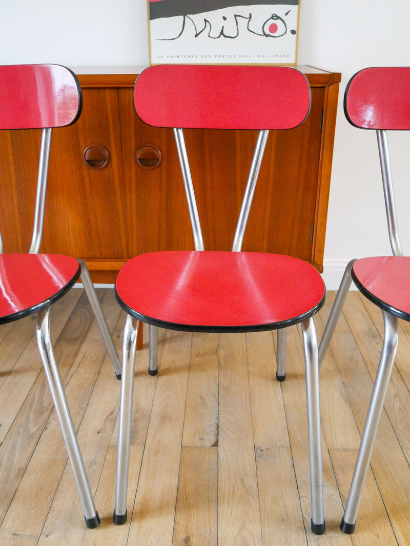 Ensemble De 4 Chaises En Formica Et Chrome - Rouges À Motifs - 1970