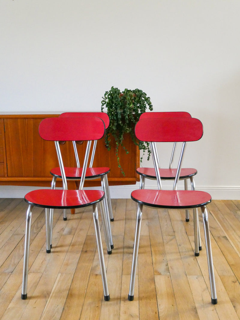 Ensemble De 4 Chaises En Formica Et Chrome - Rouges À Motifs - 1970