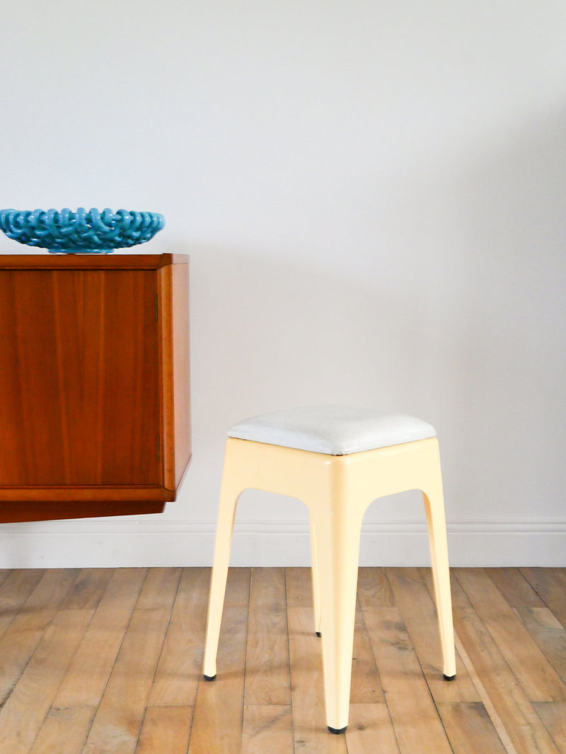 Tabouret Tripode En Plastique Et Assise En Skaï - Crème Et Gris - Signé Ami - 1970