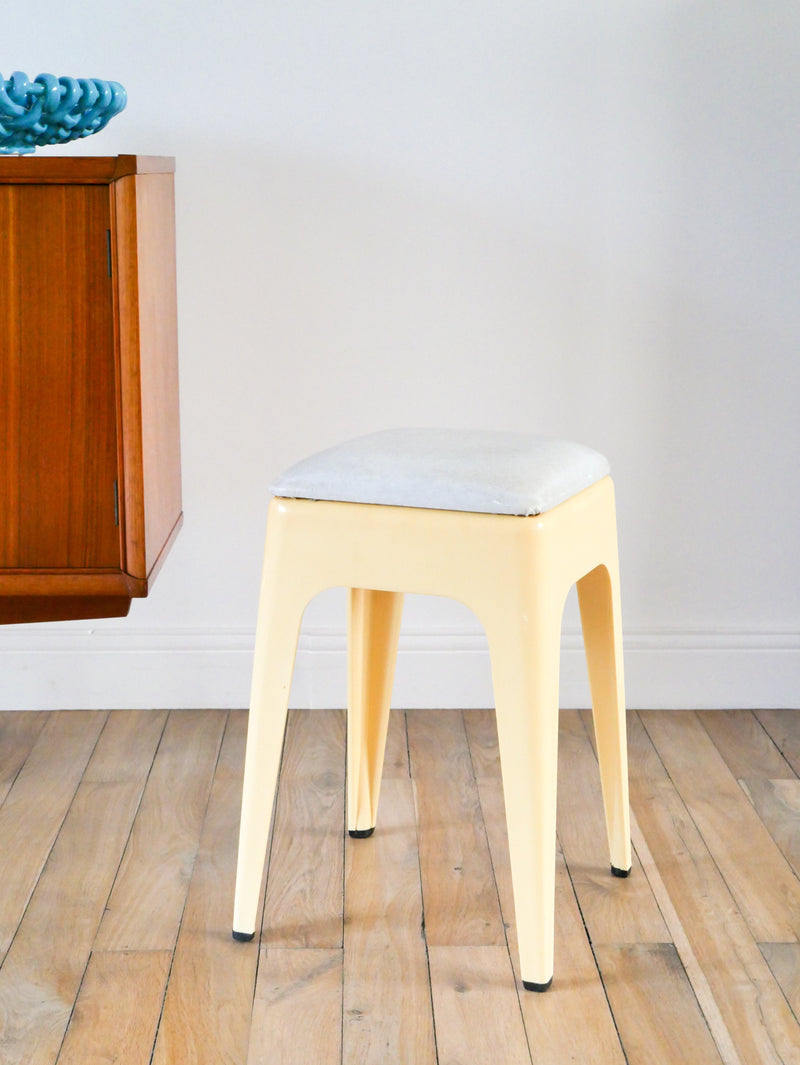 Tabouret Tripode En Plastique Et Assise En Skaï - Crème Et Gris - Signé Ami - 1970