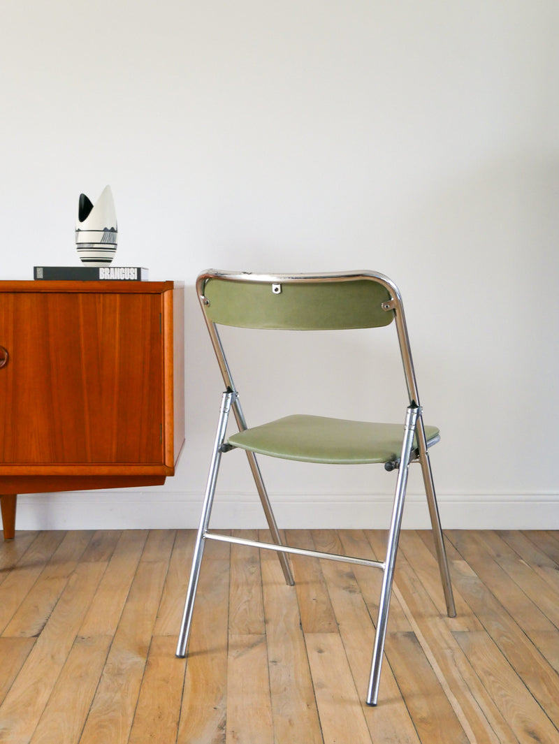 Paire De Chaises Pliantes En Chrome Et Skaï Vert Amande - Design - 1970