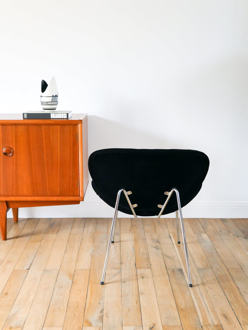 Fauteuil En Velours Ras Et Piètements Chrome - Noir - Dans Le Goût De Pierre Paulin - Design - 1970