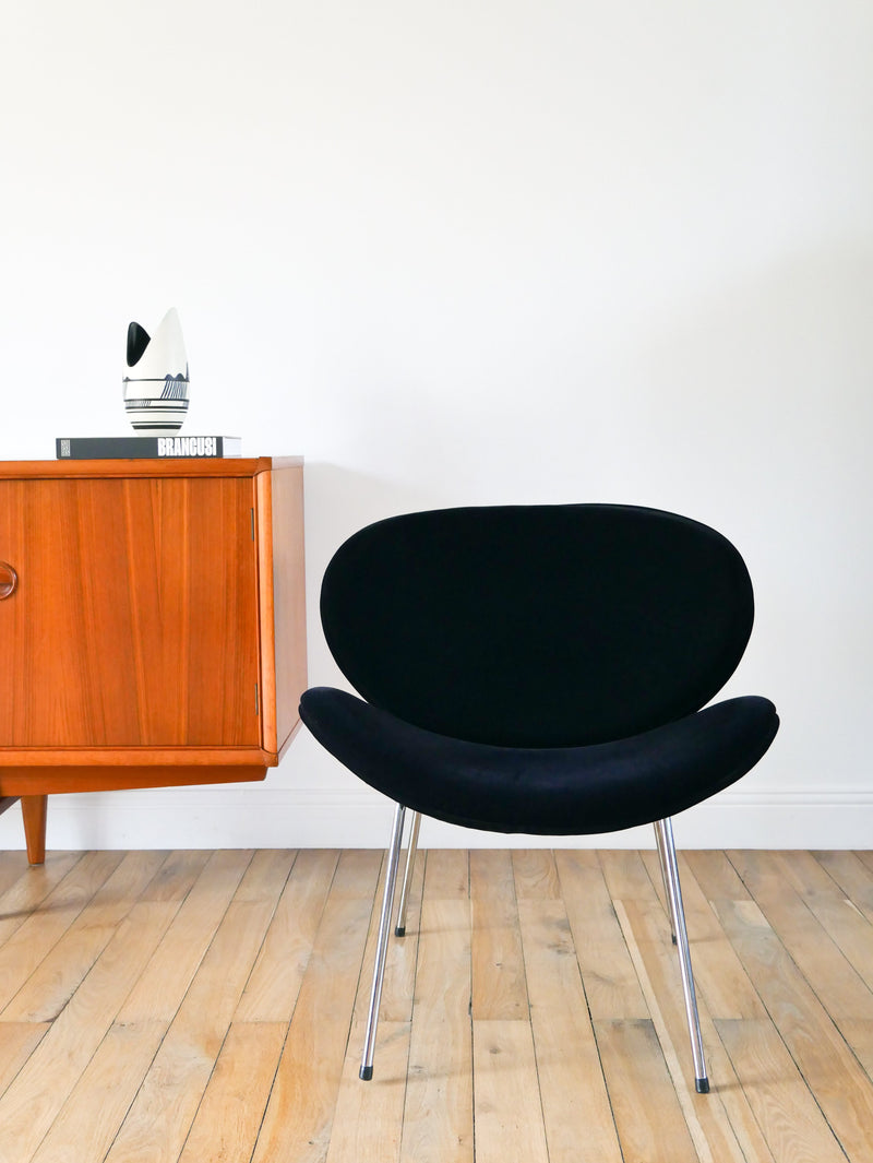 Fauteuil En Velours Ras Et Piètements Chrome - Noir - Dans Le Goût De Pierre Paulin - Design - 1970