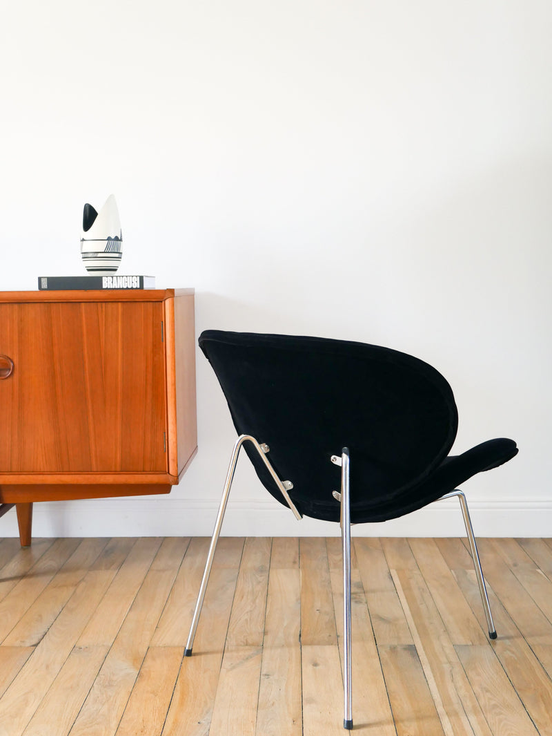 Fauteuil En Velours Ras Et Piètements Chrome - Noir - Dans Le Goût De Pierre Paulin - Design - 1970