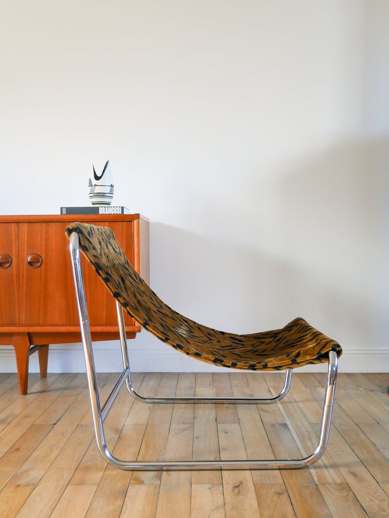 Lounge Chair / Fauteuil Tubulaire Piètements En Chrome - Retapissé En Tissus Zèbre - Marron Et Noir - Par Michel Boyer - Design - 1970