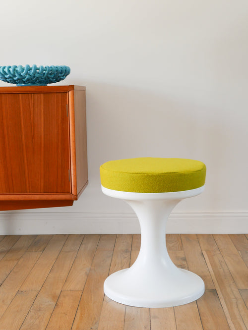 Tabouret Tulipe En Plastique Et Laine, Vert Matcha, Design Space Age, 1970