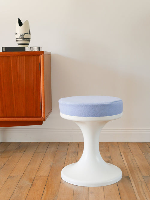 Tabouret Tulipe En Plastique Et Laine, Baby Blue, Design Space Age, 1970