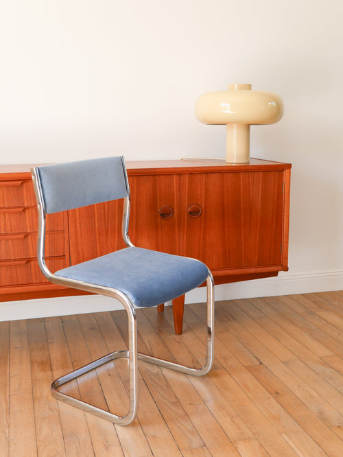 Chaise En Chrome, Retapissée En Velours, Bleu Orage, Design, 1970