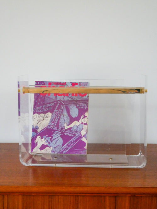 Porte-Revue En Plexi Transparent Et Laiton Doré - David Lange Pour Roche Bobois - Design - 1970