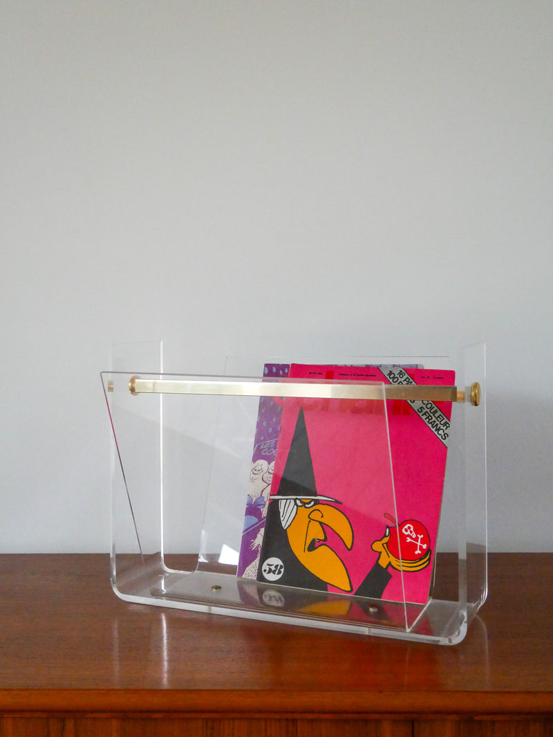 Porte-Revue En Plexi Transparent Et Laiton Doré - David Lange Pour Roche Bobois - Design - 1970