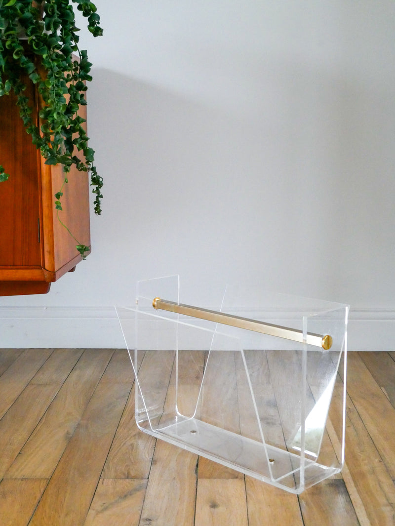 Porte-Revue En Plexi Transparent Et Laiton Doré - David Lange Pour Roche Bobois - Design - 1970