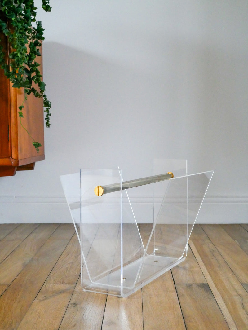 Porte-Revue En Plexi Transparent Et Laiton Doré - David Lange Pour Roche Bobois - Design - 1970