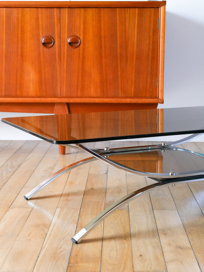 Table Basse Double Plateaux En Verre Fumé Et Chrome - Pieds Arqués Et Berceau - Design - 1970