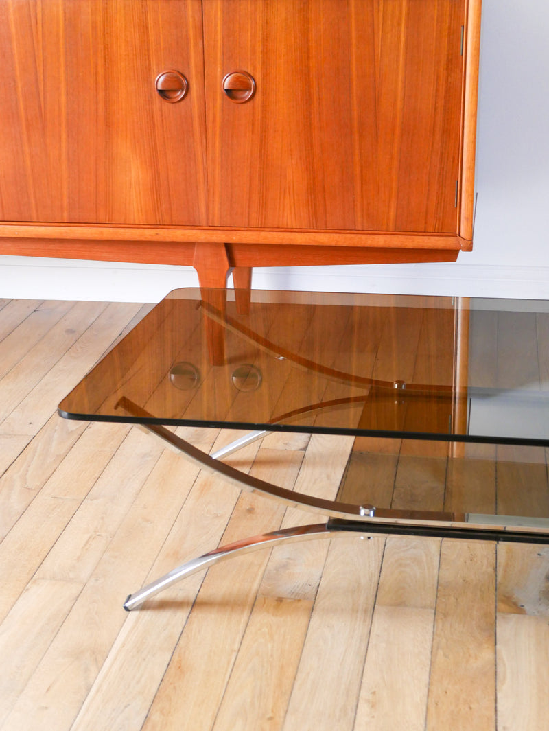 Table Basse Double Plateaux En Verre Fumé Et Chrome - Pieds Arqués Et Berceau - Design - 1970