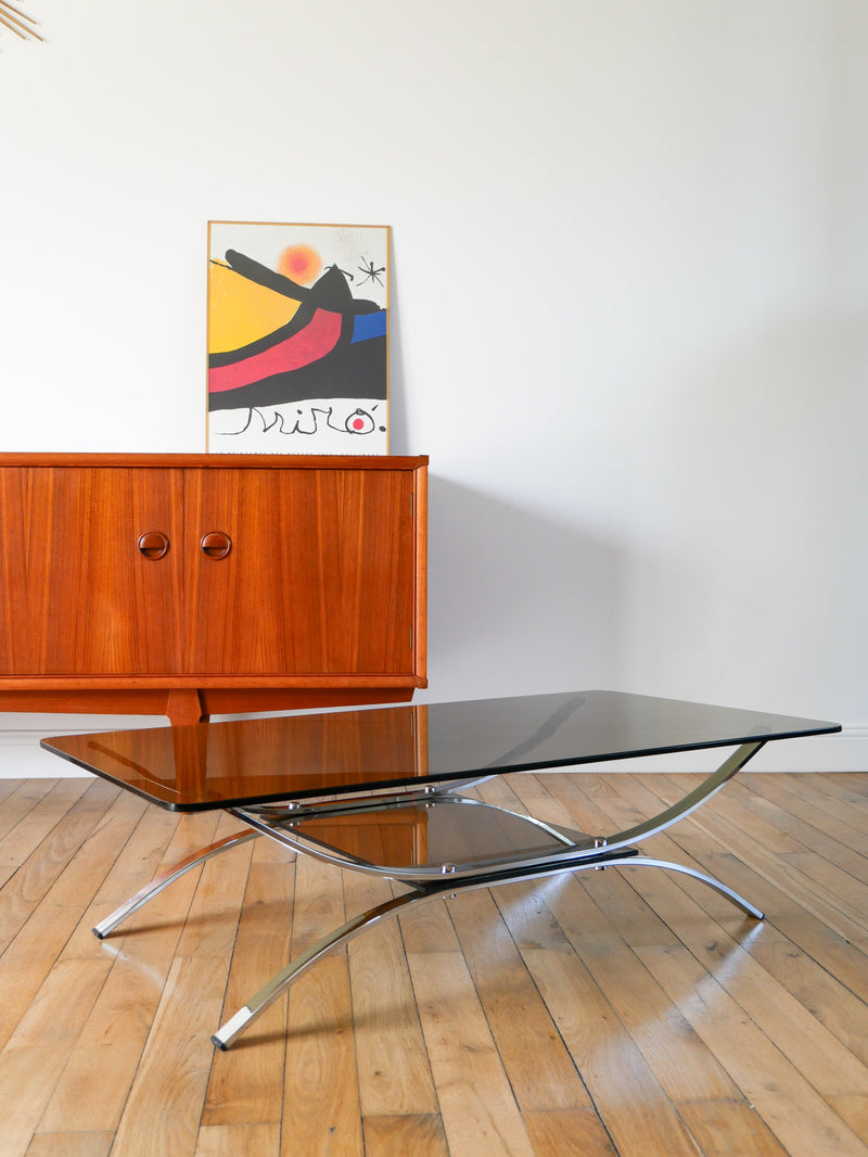 Table Basse Double Plateaux En Verre Fumé Et Chrome - Pieds Arqués Et Berceau - Design - 1970