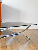 Table Basse Double Plateaux En Verre Fumé Et Chrome - Pieds Arqués Et Berceau - Design - 1970