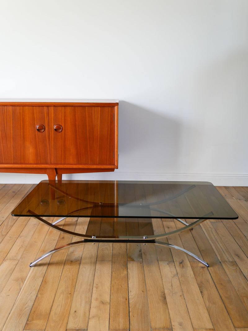 Table Basse Double Plateaux En Verre Fumé Et Chrome - Pieds Arqués Et Berceau - Design - 1970