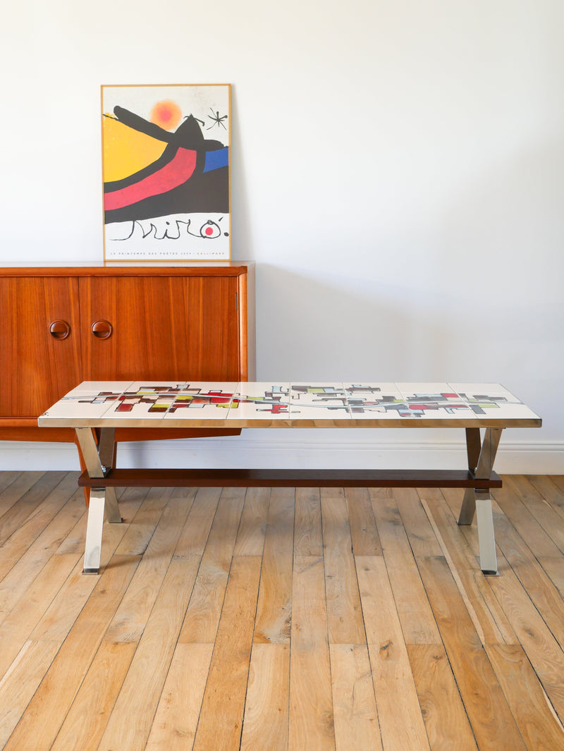 Table Basse En Céramique - Pieds En Chrome Et Teck - Space Age - Signée - 1970