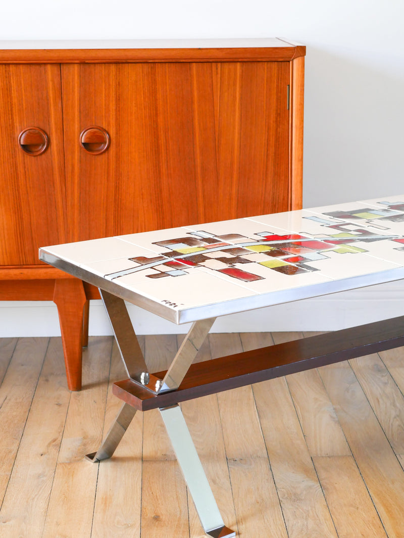 Table Basse En Céramique - Pieds En Chrome Et Teck - Space Age - Signée - 1970