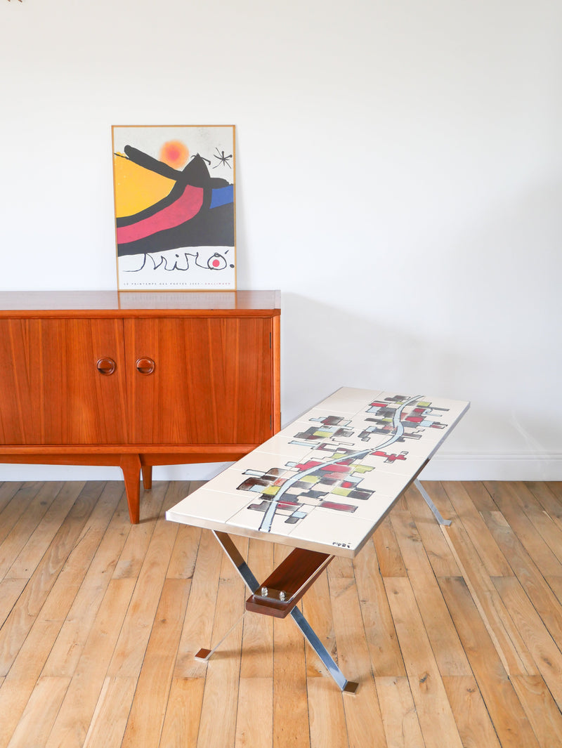 Table Basse En Céramique - Pieds En Chrome Et Teck - Space Age - Signée - 1970