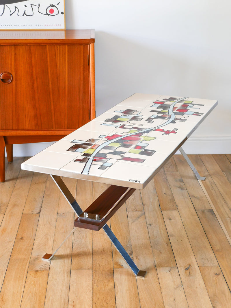 Table Basse En Céramique - Pieds En Chrome Et Teck - Space Age - Signée - 1970