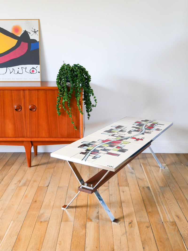 Table Basse En Céramique - Pieds En Chrome Et Teck - Space Age - Signée - 1970