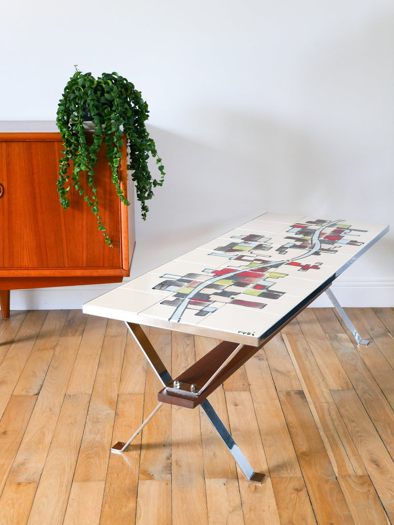 Table Basse En Céramique - Pieds En Chrome Et Teck - Space Age - Signée - 1970