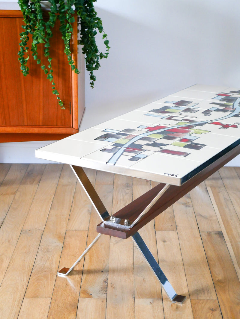 Table Basse En Céramique - Pieds En Chrome Et Teck - Space Age - Signée - 1970