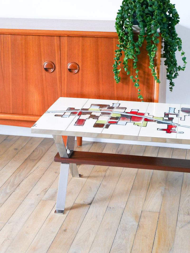 Table Basse En Céramique - Pieds En Chrome Et Teck - Space Age - Signée - 1970