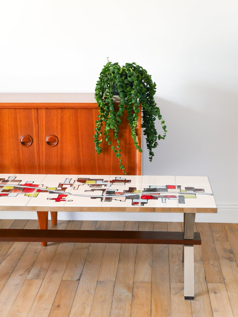 Table Basse En Céramique - Pieds En Chrome Et Teck - Space Age - Signée - 1970