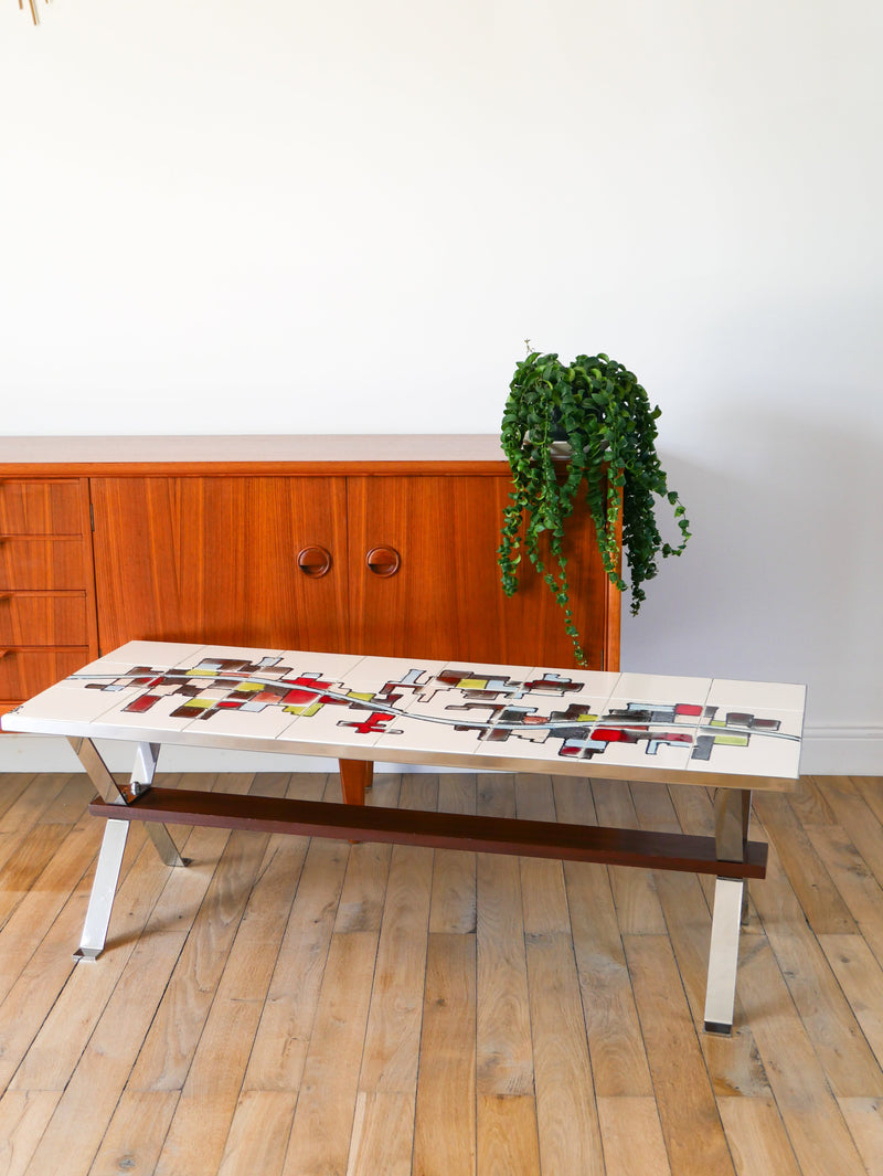 Table Basse En Céramique - Pieds En Chrome Et Teck - Space Age - Signée - 1970