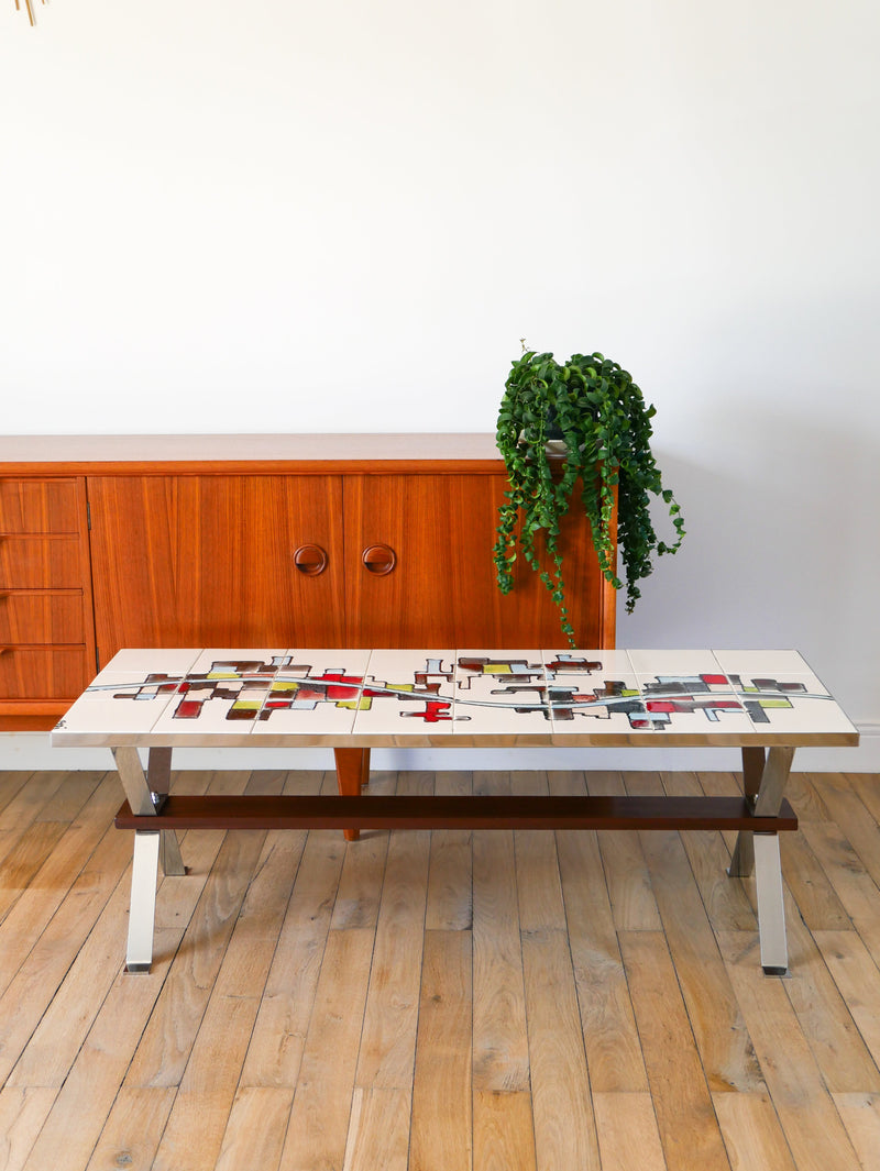 Table Basse En Céramique - Pieds En Chrome Et Teck - Space Age - Signée - 1970