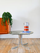 Table Basse Ronde En Verre Fumé & Chrome - Piètement Étoile, Design 1970